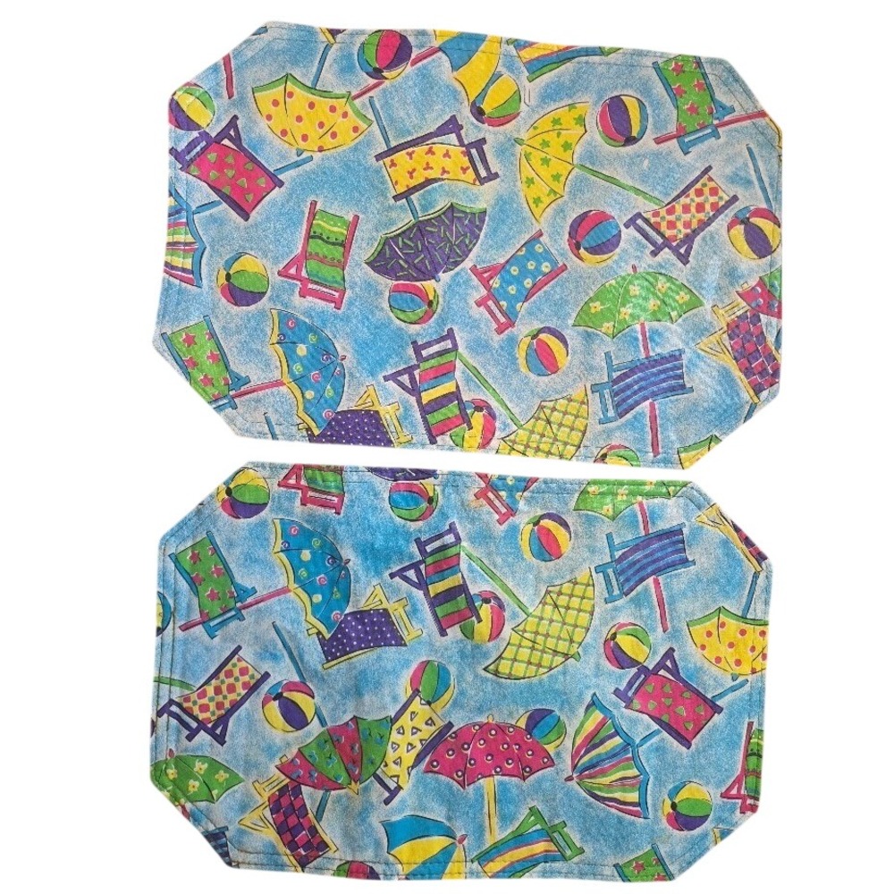 Set of 2 Vintage‎ Beach Theme Fabric Placemats Summer Umbrella Chair Novelty